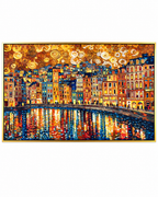 City of Lights 100% Hand Painted Wall Painting (With Golden Outer Floater Frame frame) (31.5x55 Inches)