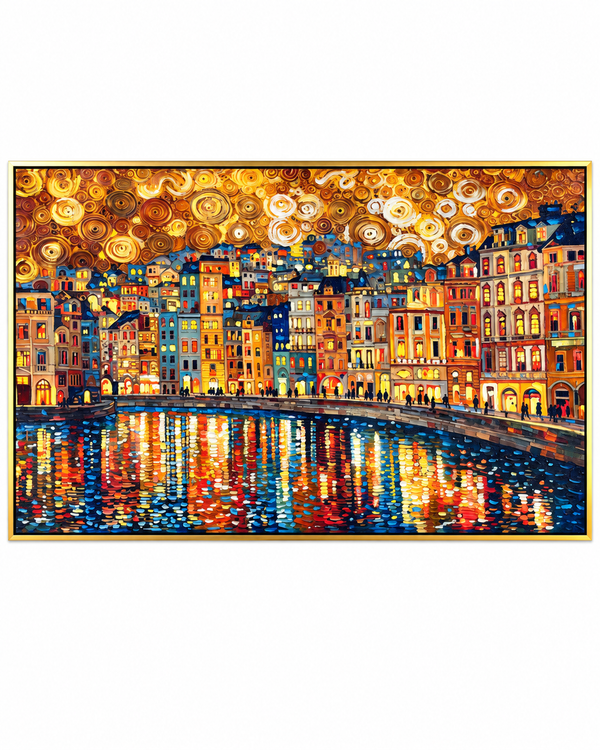 City of Lights 100% Hand Painted Wall Painting (With Golden Outer Floater Frame frame) (31.5x55 Inches)
