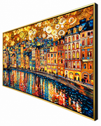 City of Lights 100% Hand Painted Wall Painting (With Golden Outer Floater Frame frame) (31.5x55 Inches)