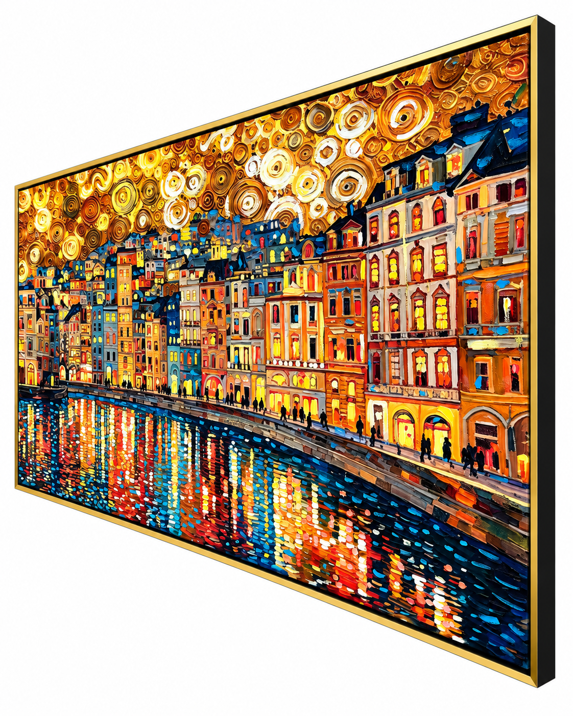 City of Lights 100% Hand Painted Wall Painting (With Golden Outer Floater Frame frame) (31.5x55 Inches)