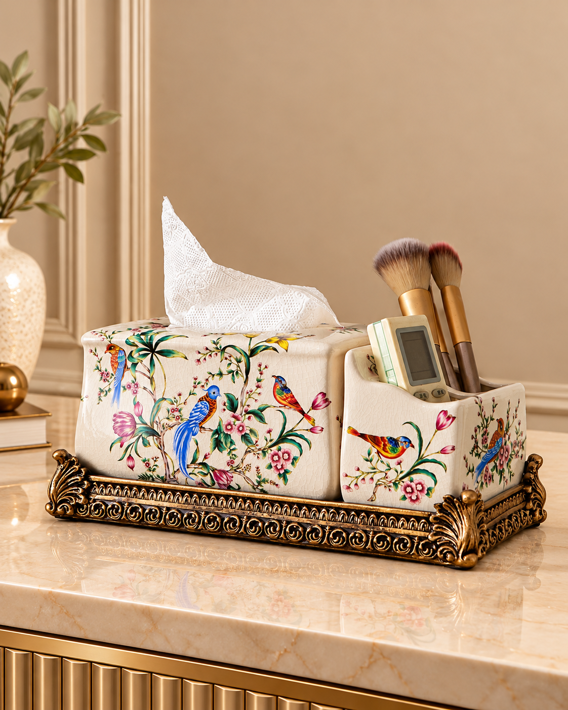 Paradise Birds Tissue Holder & Remote Organizer