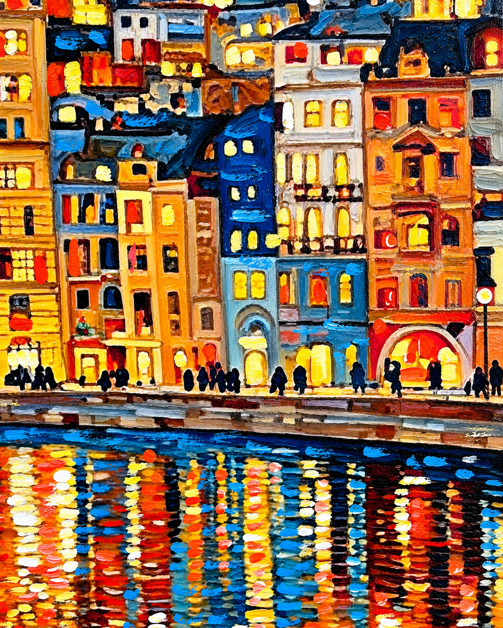 City of Lights 100% Hand Painted Wall Painting (With Golden Outer Floater Frame frame) (31.5x55 Inches)