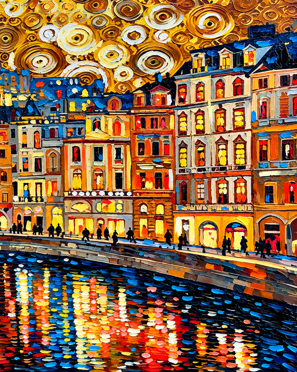 City of Lights 100% Hand Painted Wall Painting (With Golden Outer Floater Frame frame) (31.5x55 Inches)