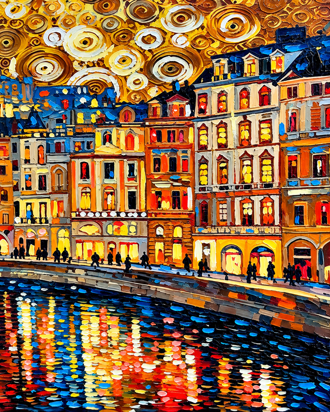 City of Lights 100% Hand Painted Wall Painting (With Golden Outer Floater Frame frame) (31.5x55 Inches)