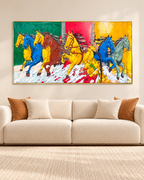 Seven Horses of Fiery Freedom Hand Painted Wall Paintings For Home (With Outer Floater Frame)  (55 x 28 Inches)