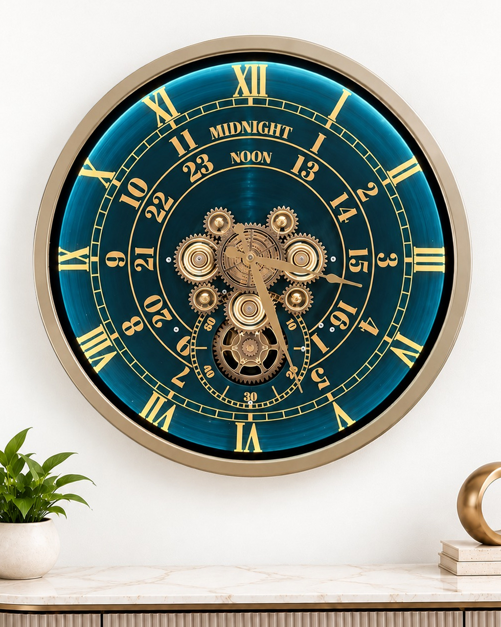 Mystic Motion Luxury Designer Silent Movement Wall Clock For Living Room With Moving Gear Mechanism- Medium (Blue)  (With Light & Remote) (Brushing Luxury Watch Dial Collection)