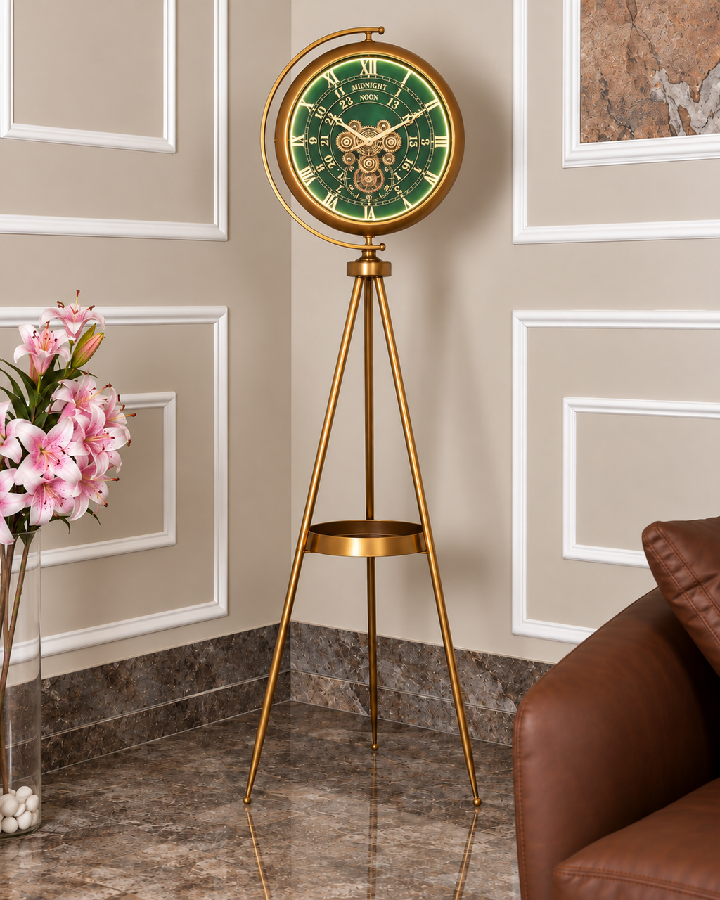 Mystic Motion Tripod Base Luxury Designer Silent Movement Floor Clock With Moving Gear Mechanism (With Light and Remote) (Steel Body) - Green