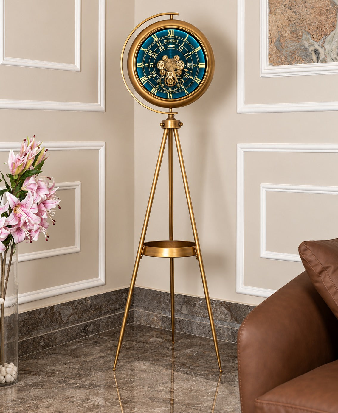 Mystic Motion Tripod Base Luxury Designer Silent Movement Floor Clock With Moving Gear Mechanism (With Light and Remote) (Steel Body) - Blue