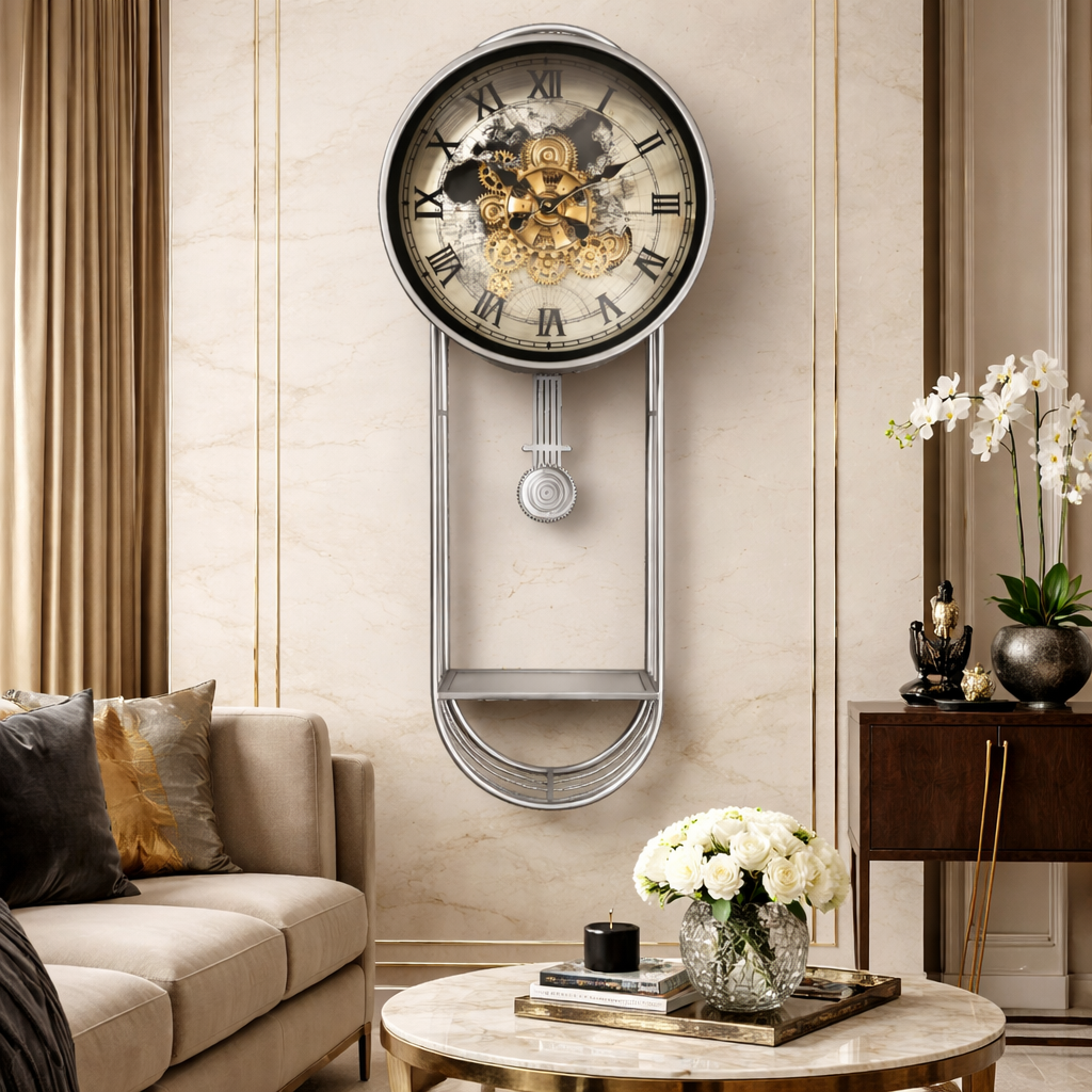 Phantom Dial Designer Silent Movement Pendulum Clock With Moving Gear Mechanism (Steel Body)