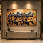 Seven White Running Horses at Sunrise Wall Painting For Home (Comes With an Outer Floater Frame) (63 x 32 Inches) (N)