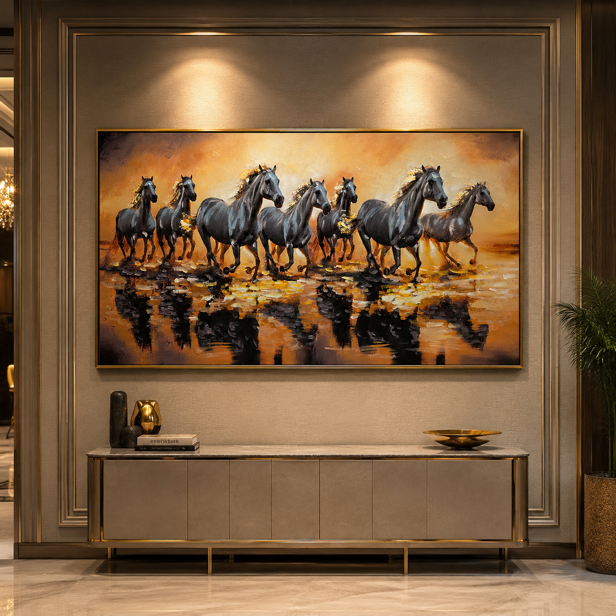 Seven White Running Horses at Sunrise Wall Painting For Home (Comes With an Outer Floater Frame) (63 x 32 Inches) (N)