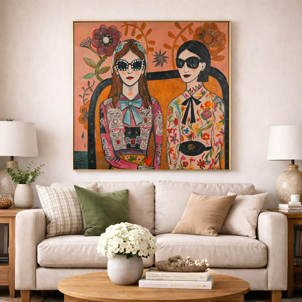 Floral & Feline Fashionistas by MERCEDES LAGUNAS 100% Hand Painted Wall Painting (With Outer Floater Frame frame) ( 39 x 39 Inches )