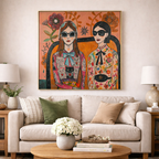 Floral & Feline Fashionistas by MERCEDES LAGUNAS 100% Hand Painted Wall Painting (With Outer Floater Frame frame) ( 39 x 39 Inches )