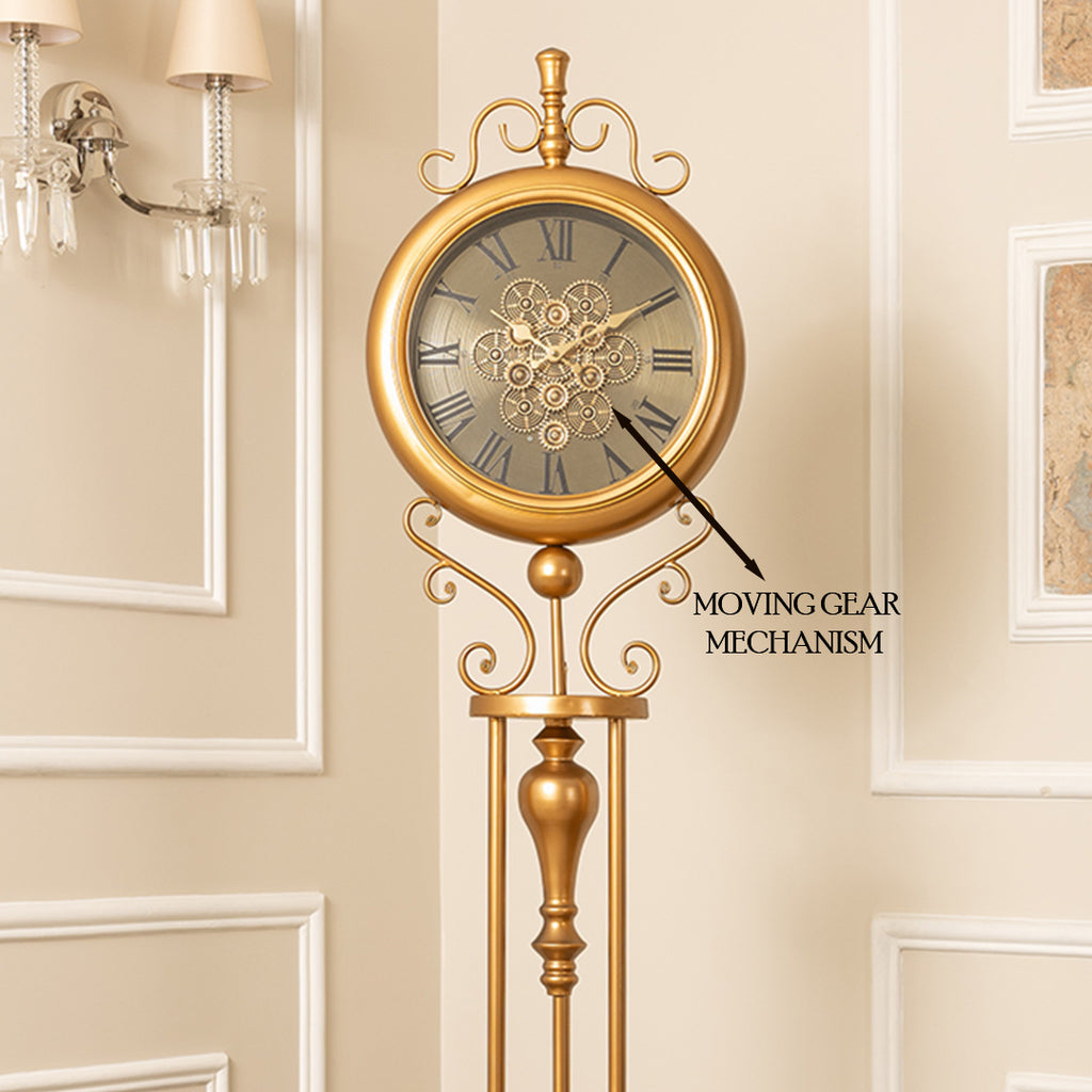 Classic Crown Luxury Designer Silent Movement Standing Clock With Moving Gear Mechanism (Steel Body)