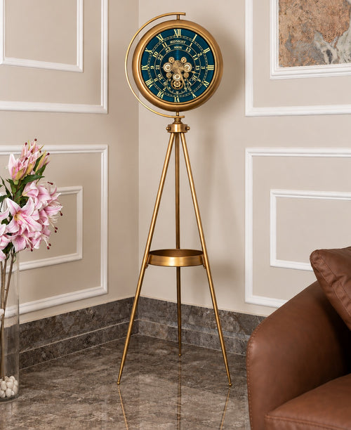 Mystic Motion Tripod Base Luxury Designer Silent Movement Floor Clock With Moving Gear Mechanism (With Light and Remote) (Steel Body) - Blue