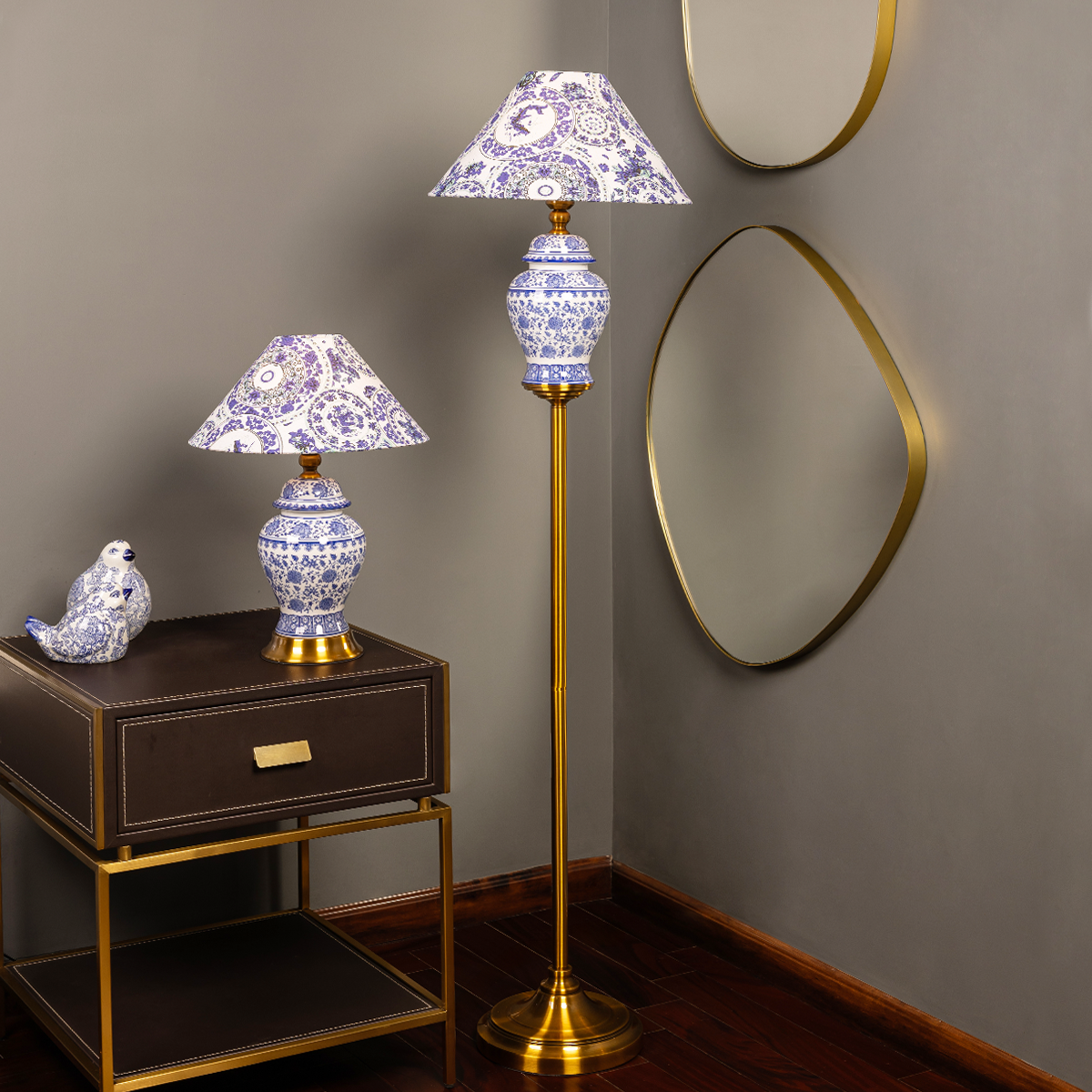 Velora Luxe Blue Heritage Table Lamp and Floor Lamp Combo (Blue Pottery)