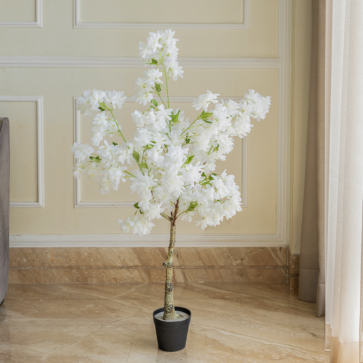 Snowy Cherry Blossom Bliss Artificial Plant For Home - 4 Feet (Natural Feel)