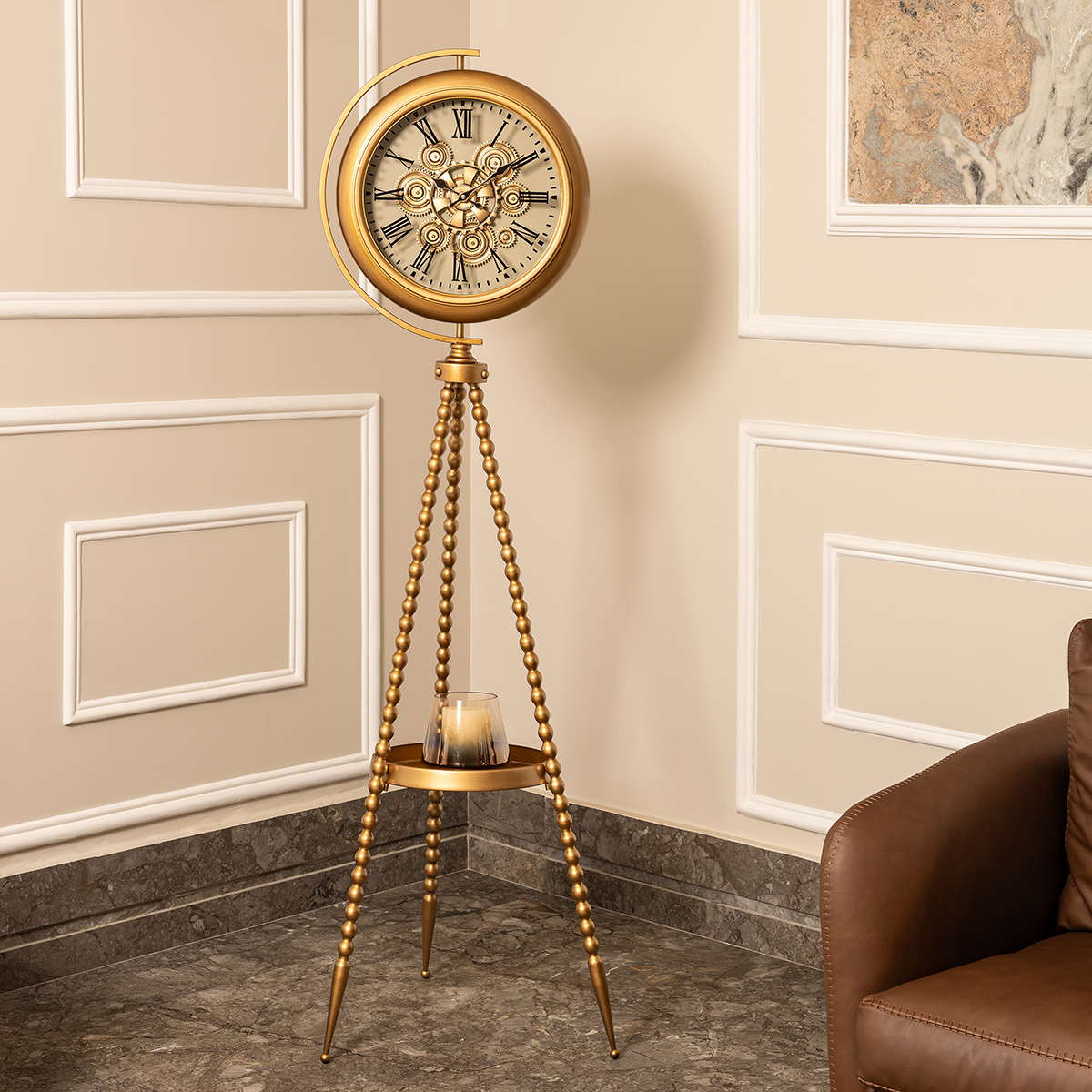Golden Meridian Tripod Base Luxury Designer Standing Clock With Moving – Dekor Company