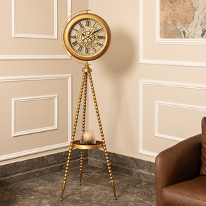 Golden Meridian Tripod Base Luxury Designer Standing Clock With Moving Gear Mechanism Buy Floor Clock Online - Ribbed (Steel Body)