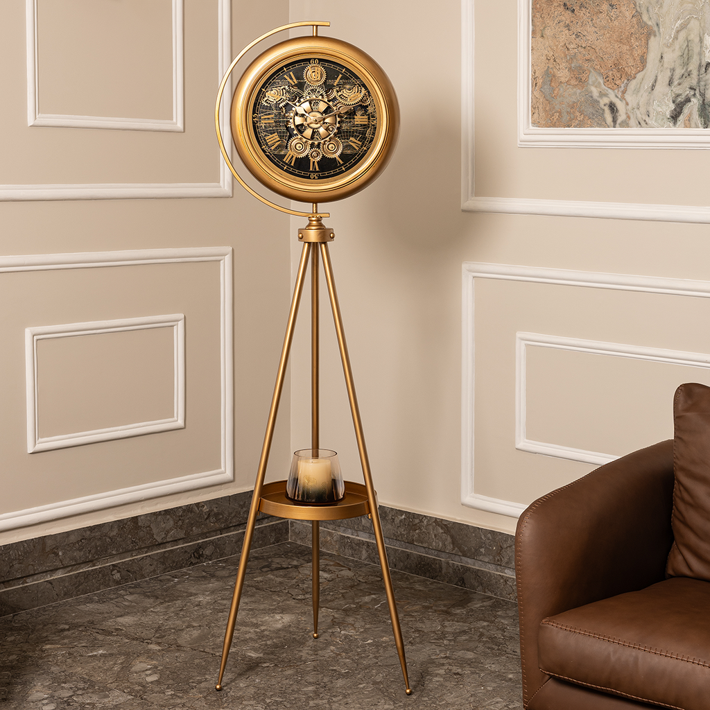 Chrono Luxe Tripod Base Luxury Designer Silent Movement Floor Clock With Moving Gear Mechanism (With Light and Remote) (Steel Body)