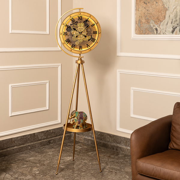 Moon Phase Tripod Base Luxury Designer Floor Clock With Moving Gear Mechanism (With Light and Remote) (Gold) (Steel Body)