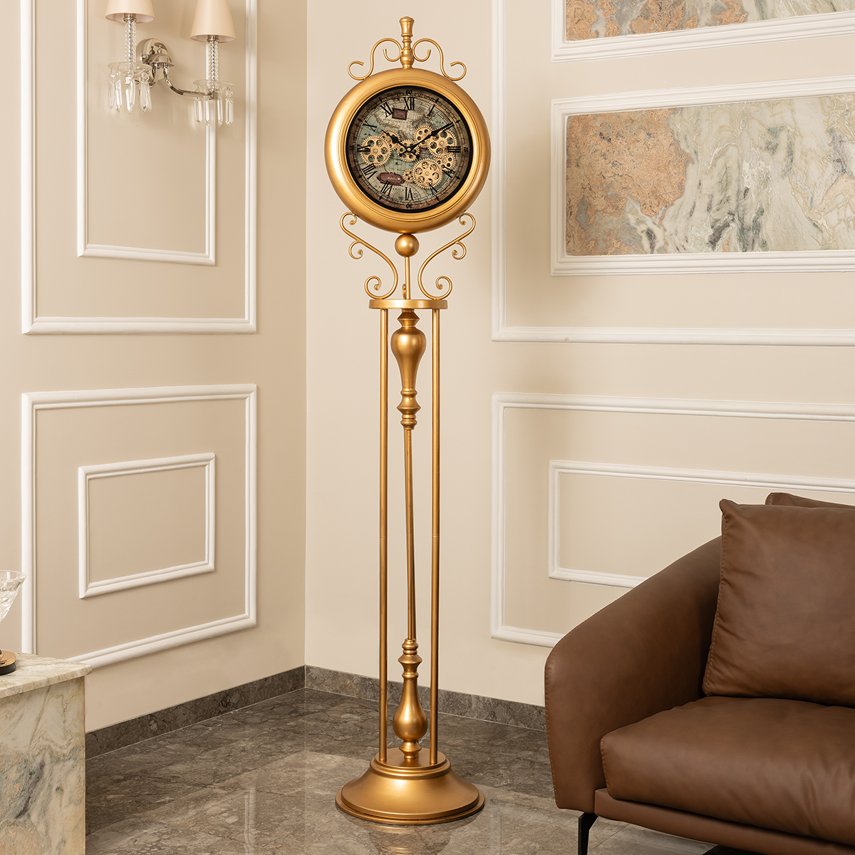 Victorian Timeless Tradition Luxury Designer Silent Movement Standing Clock With Moving Gear Mechanism (Steel Body)