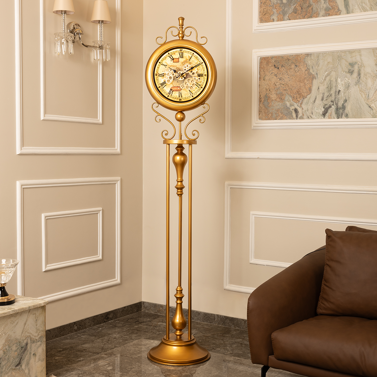 Victorian Timeless Tradition Luxury Designer Silent Movement Standing Clock With Moving Gear Mechanism (Steel Body) (With Light & Remote)
