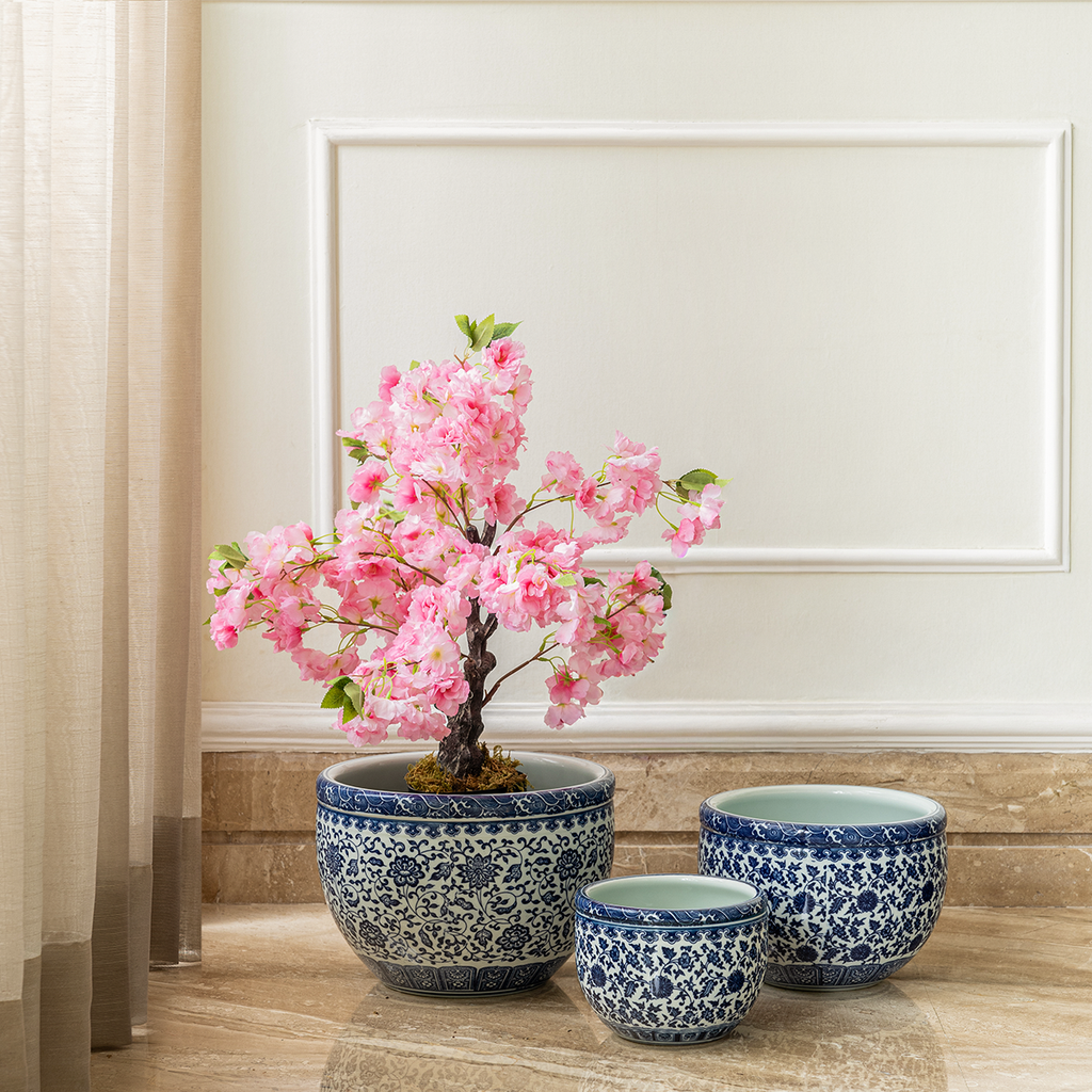 Atrium Corner Inddor Planters for Home - Set of 3 (Blue Pottery)