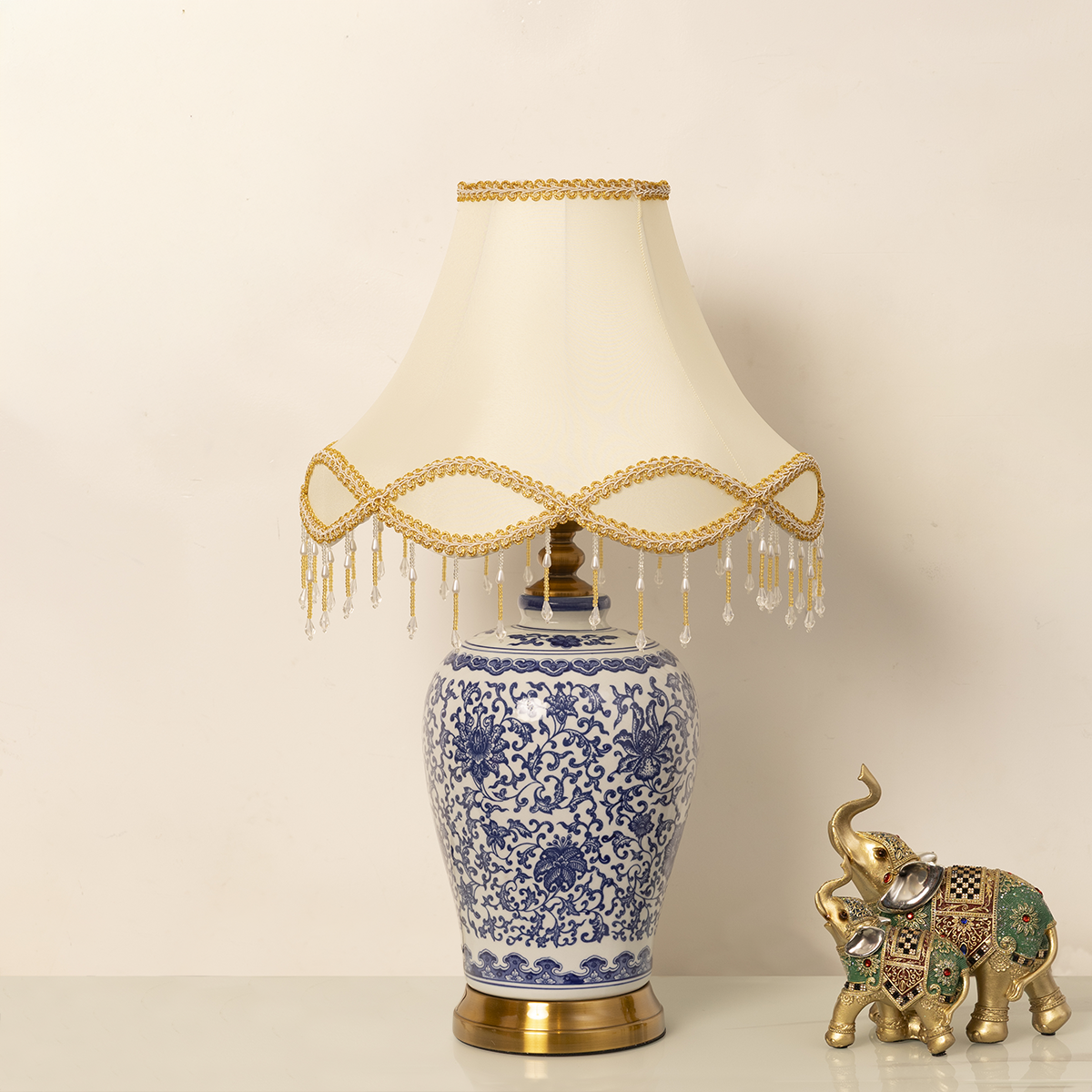 The Silk Route Decorative Table Lamp With Victorian Shade (Blue Pottery)