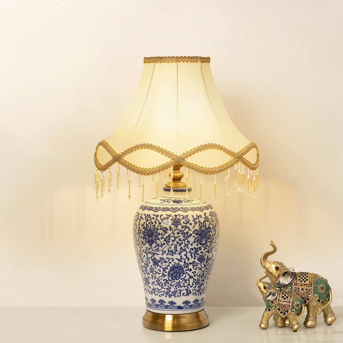 The Silk Route Decorative Table Lamp With Victorian Shade (Blue Pottery)