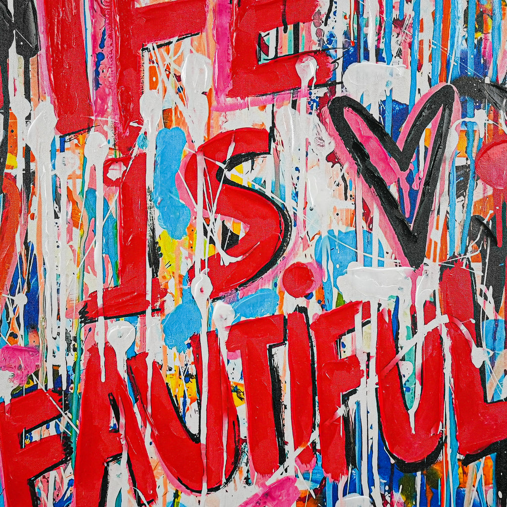 Life Is Beautiful 100% Hand Painted Wall Painting by MERCEDES LAGUNAS (With Outer Floater Frame frame) (35.5 x 47 Inches )