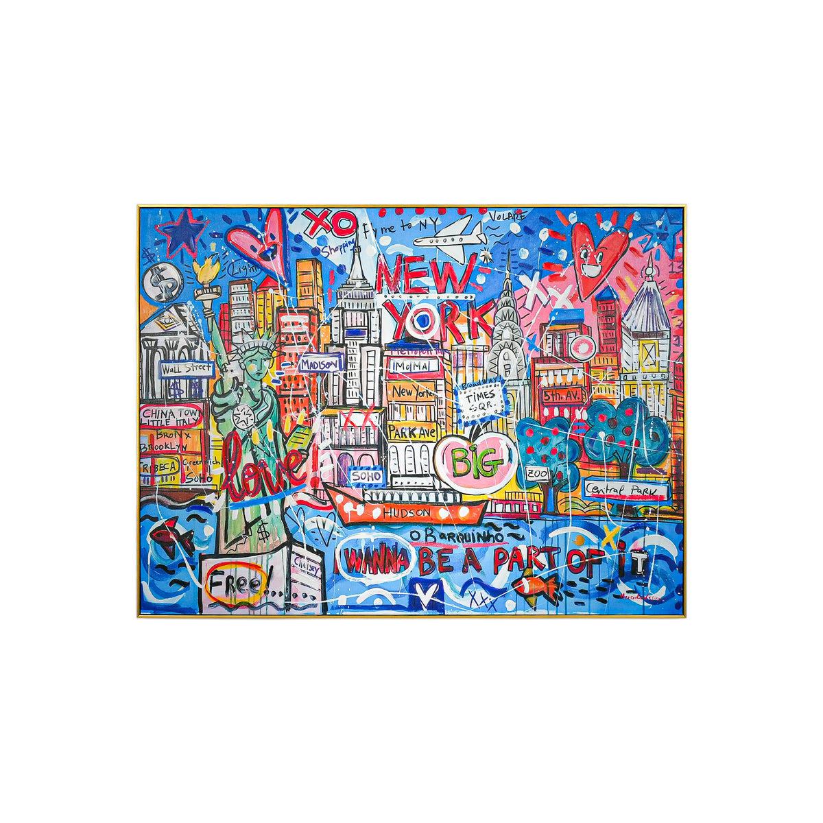 NYC Neon Love: A Vibrant Tribute to Manhattan’s Icons by MERCEDES LAGUNAS 100% Hand Painted Wall Painting (With Outer Floater Frame frame) (35.5 x 47 Inches )