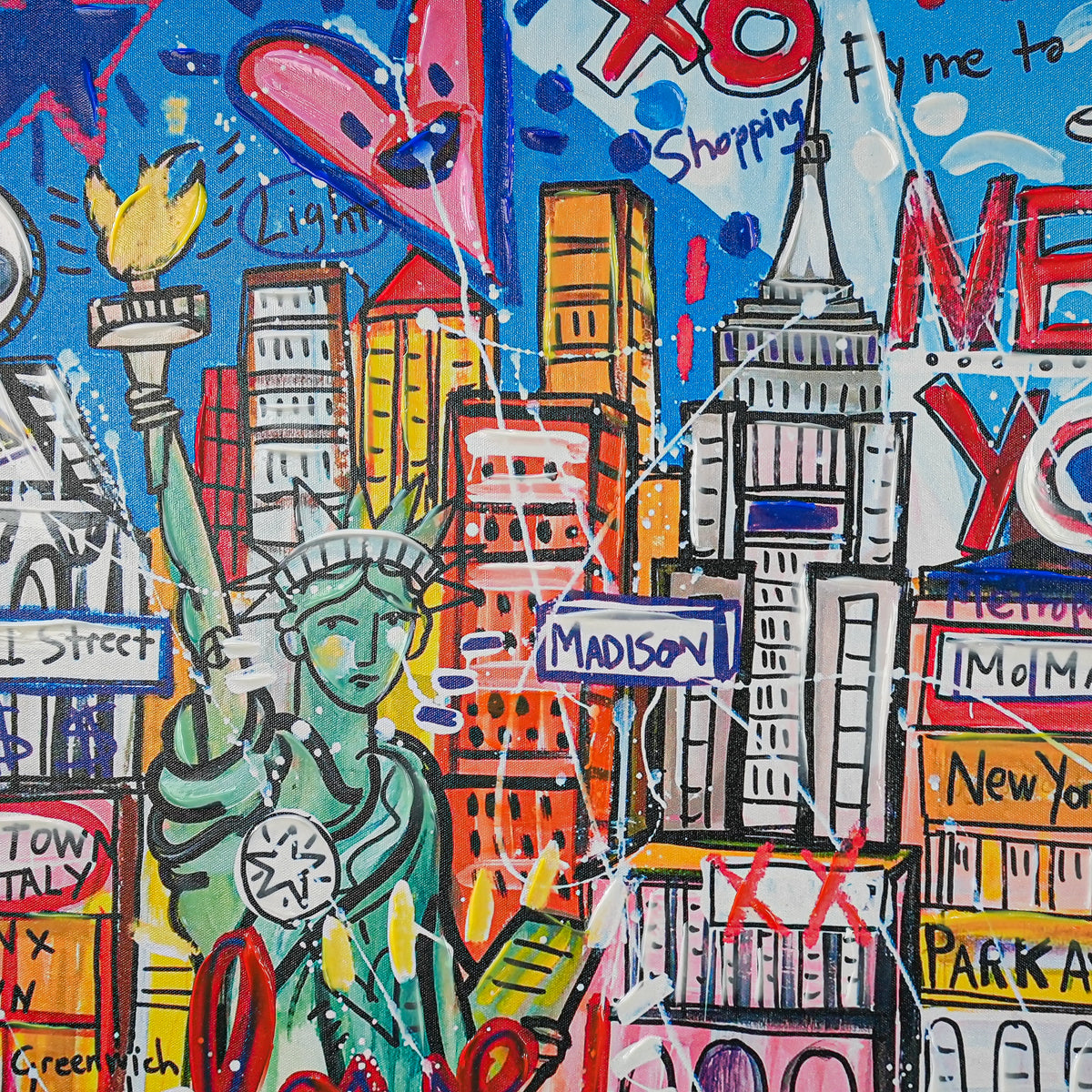NYC Neon Love: A Vibrant Tribute to Manhattan’s Icons by MERCEDES LAGUNAS 100% Hand Painted Wall Painting (With Outer Floater Frame frame) (35.5 x 47 Inches )