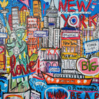 NYC Neon Love: A Vibrant Tribute to Manhattan’s Icons by MERCEDES LAGUNAS 100% Hand Painted Wall Painting (With Outer Floater Frame frame) (35.5 x 47 Inches )