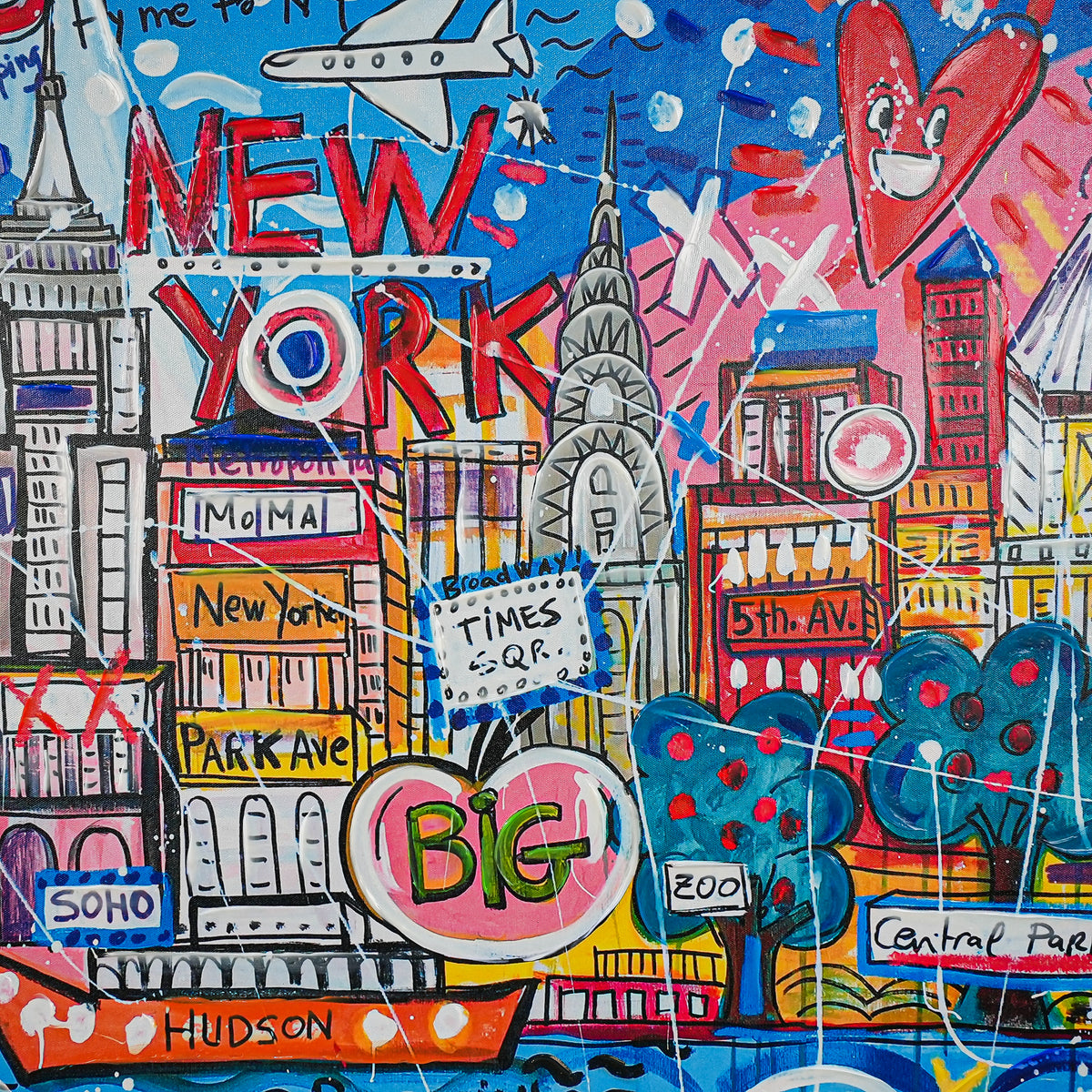 NYC Neon Love: A Vibrant Tribute to Manhattan’s Icons by MERCEDES LAGUNAS 100% Hand Painted Wall Painting (With Outer Floater Frame frame) (35.5 x 47 Inches )