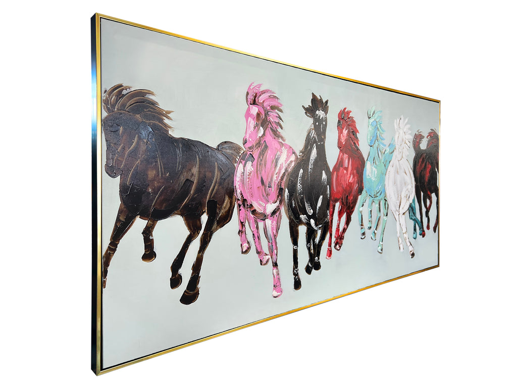 Seven Running Horses Silver Canvas 100% Hand Painted Wall Painting  (64 x 32 Inches)