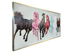 Seven Running Horses Silver Canvas 100% Hand Painted Wall Painting  (64 x 32 Inches)
