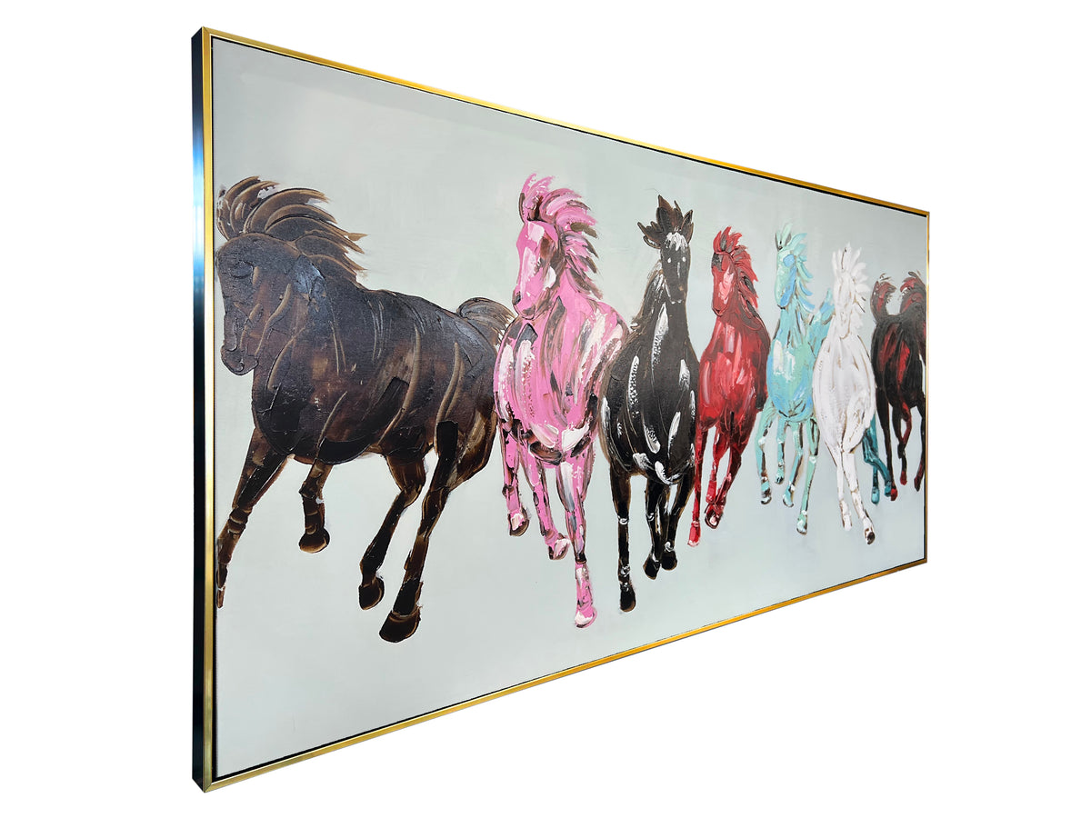 Seven Running Horses Silver Canvas 100% Hand Painted Wall Painting  (64 x 32 Inches)