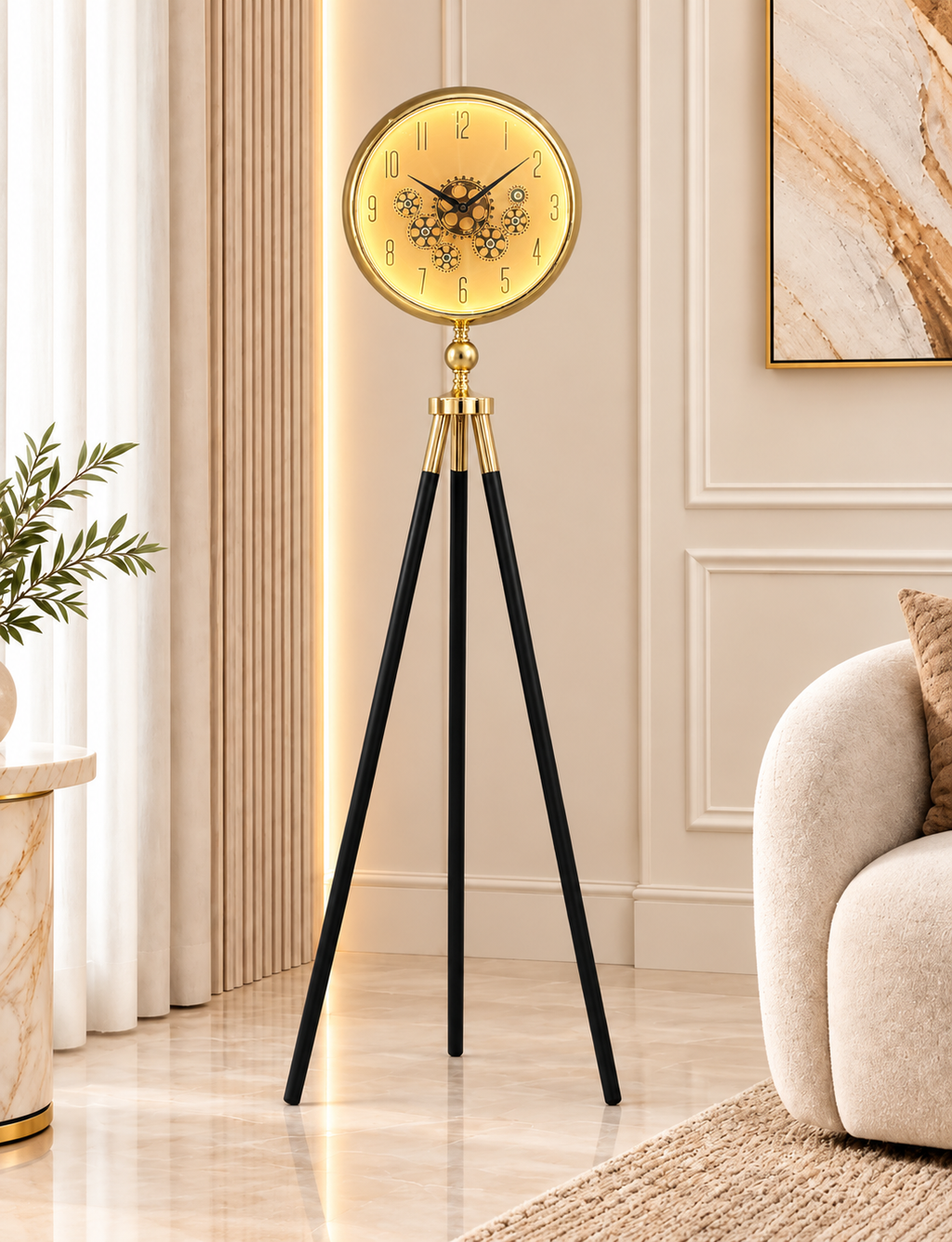 Momentum Dial Tripod Base Luxury Designer Clock With Moving Gear Mechanism - Gold (With Light & Remote)