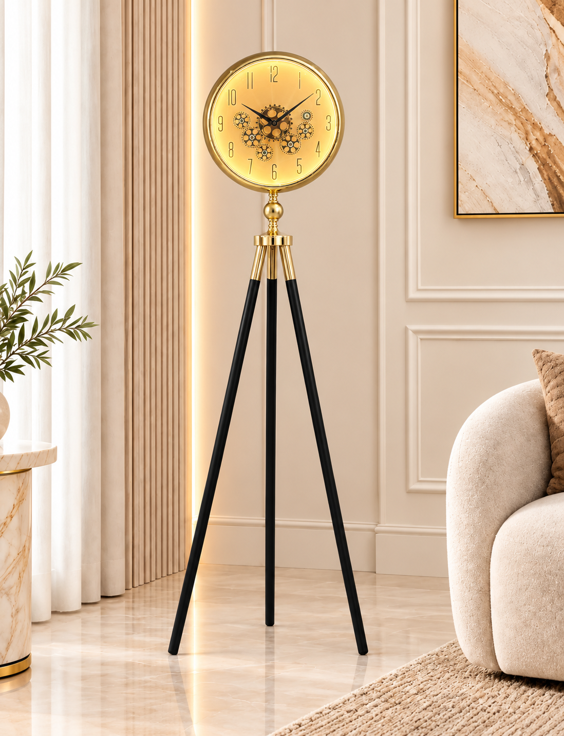 Momentum Dial Tripod Base Luxury Designer Clock With Moving Gear Mechanism - Gold (With Light & Remote)