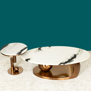 Amara Rose Gold Base Round Accent Table With Side table - Set of 2 (Stainless Steel) (Panda stone)