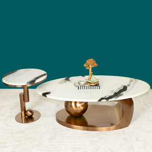 Amara Rose Gold Base Round Accent Table With Side table - Set of 2 (Stainless Steel) (Panda stone)