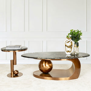 Amara Rose Gold Base Round Accent Table With Side Table - Set of 2 (Stainless Steel) ( Black and Gray Stone)