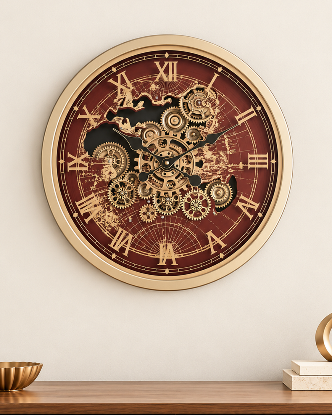 Worldline Timepiece Luxury Designer Silent Movement Wall Clock For Living Room With Moving Gear Mechanism - Medium (Wine Red) (With Light & Remote) (Brushing Luxury Watch Dial Collection)