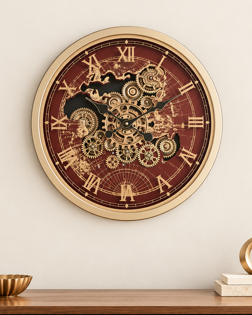 Worldline Timepiece Luxury Designer Silent Movement Wall Clock For Living Room With Moving Gear Mechanism - Medium (Wine Red) (With Light & Remote) (Brushing Luxury Watch Dial Collection)