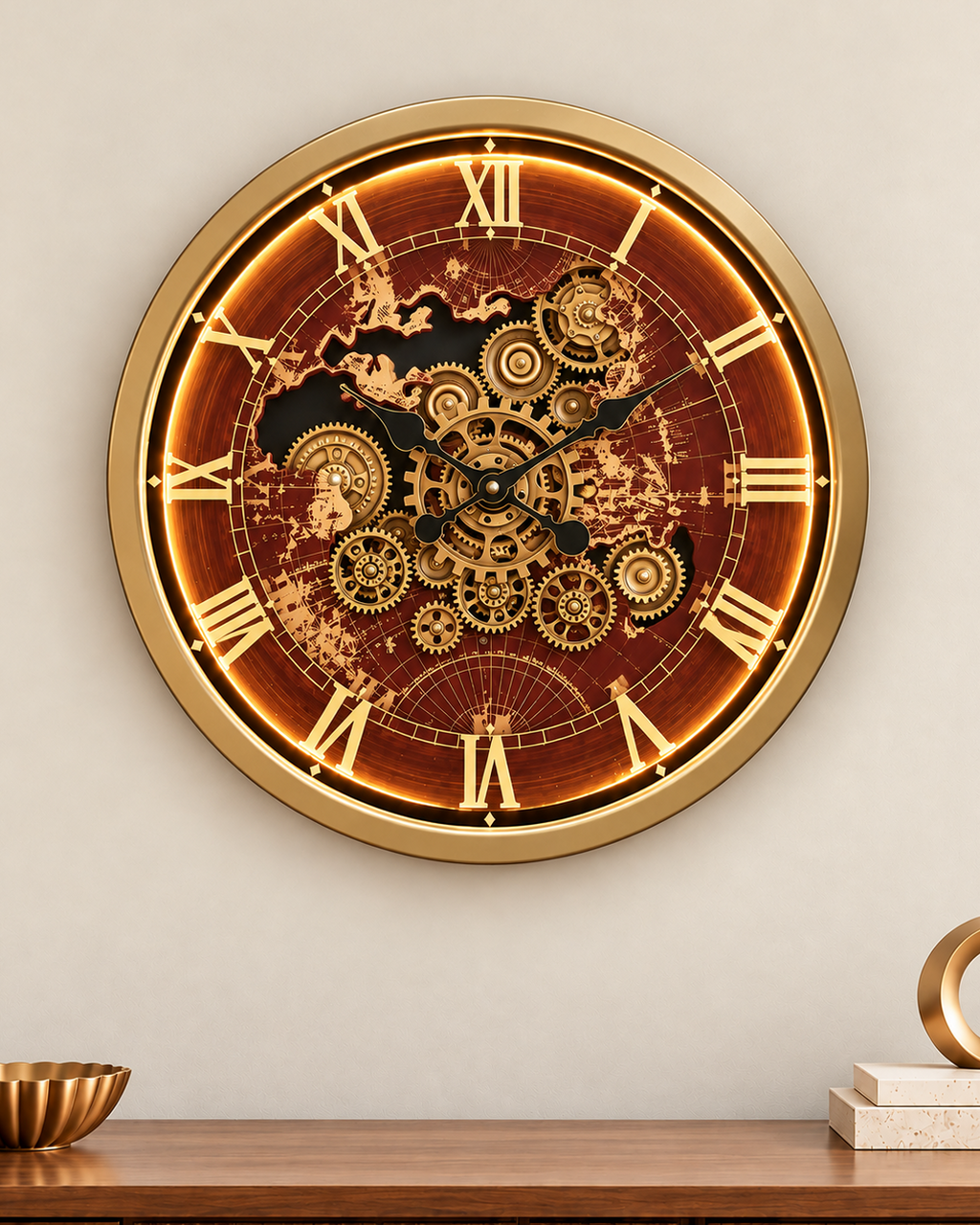 Worldline Timepiece Luxury Designer Silent Movement Wall Clock For Living Room With Moving Gear Mechanism - Medium (Wine Red) (With Light & Remote) (Brushing Luxury Watch Dial Collection)