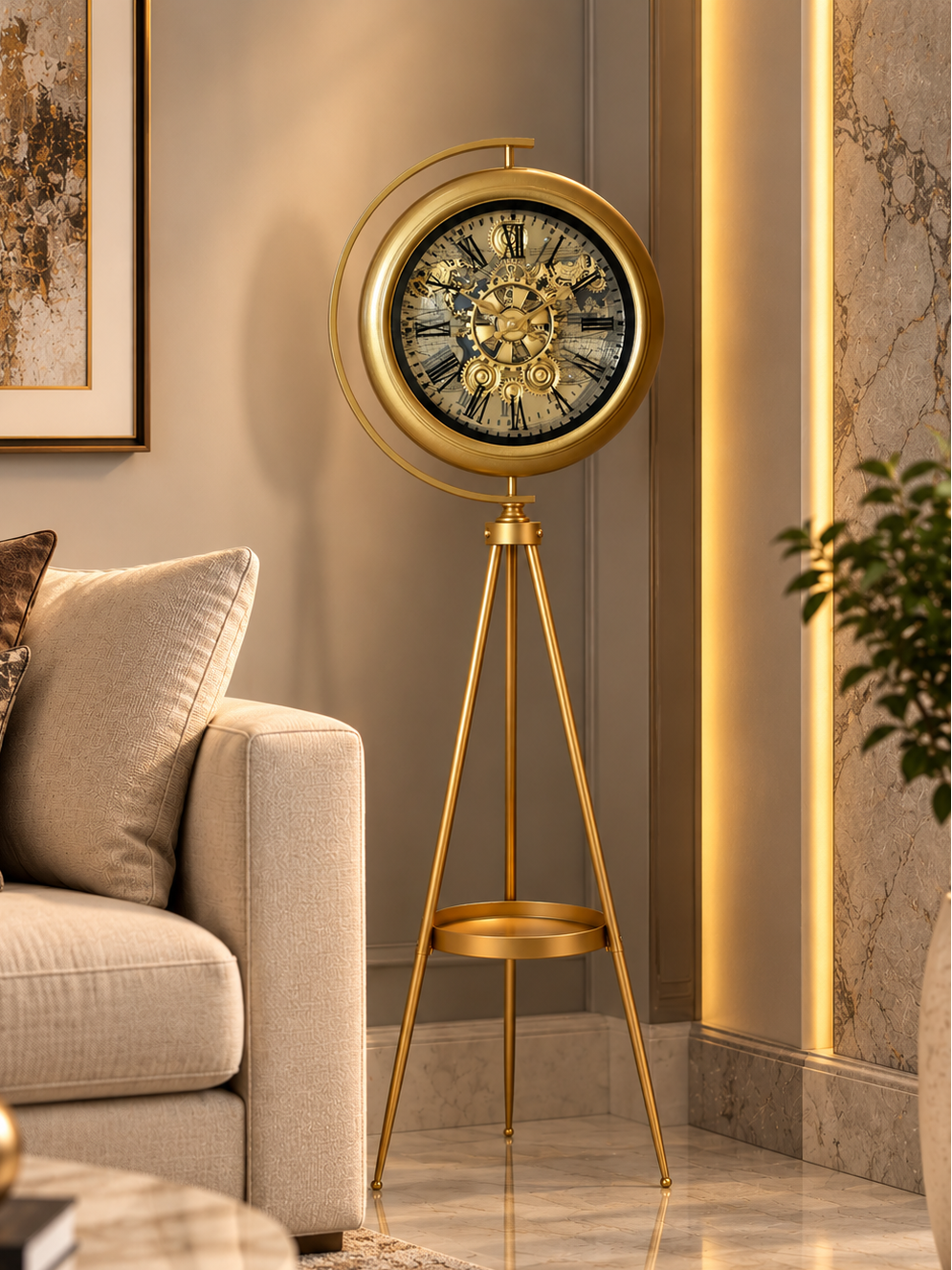 Divine Time Luxury Designer Silent Movement Standing Clock With Moving Gear Mechanism (Steel Body)