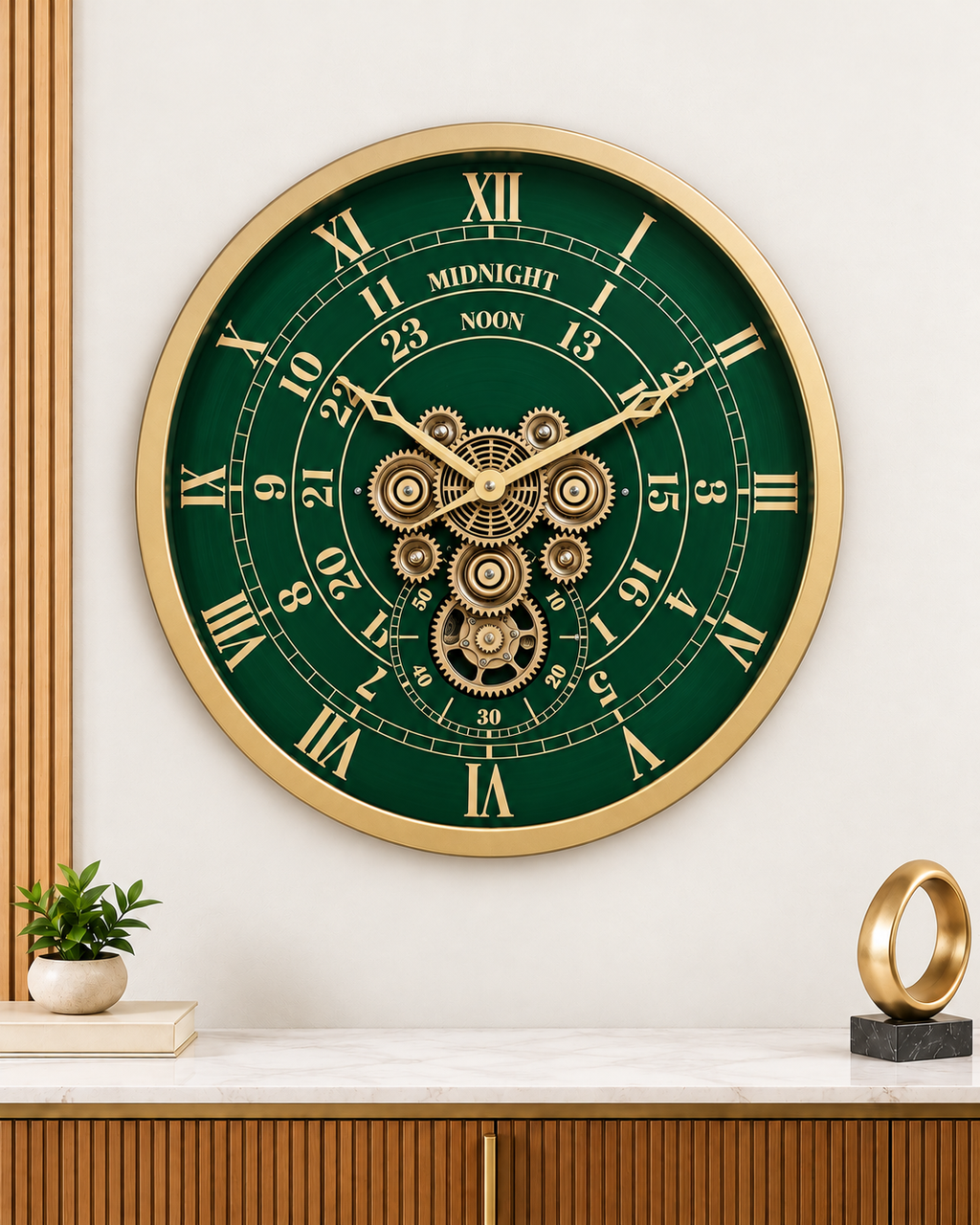 Mystic Motion Luxury Designer Silent Movement Wall Clock For Living Room With Moving Gear Mechanism- Medium (Green)  (With Light & Remote) (Brushing Luxury Watch Dial Collection)