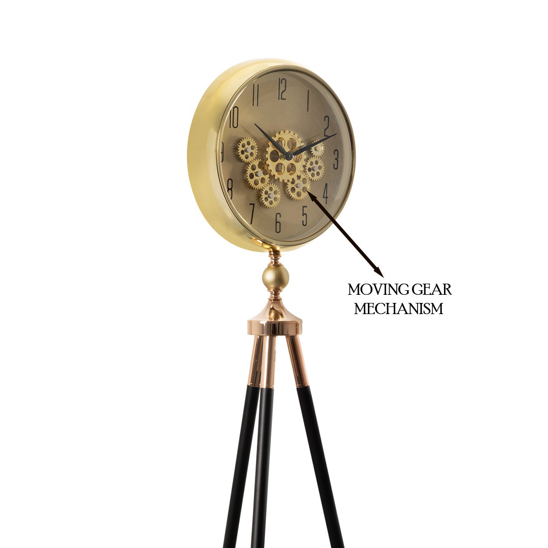 Momentum Dial Tripod Base Luxury Designer Clock With Moving Gear Mechanism