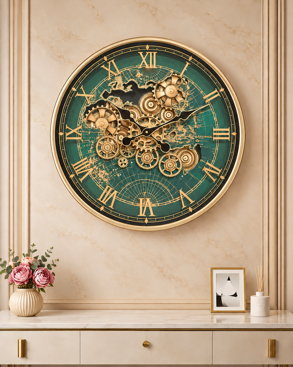 Worldline Timepiece Luxury Designer Silent Movement Wall Clock For Living Room With Moving Gear Mechanism Buy Wall Clock Online - Medium (GREEN COLOR WITH GOLDEN NUMBER) (Metallic Sighnature Dial Collection)